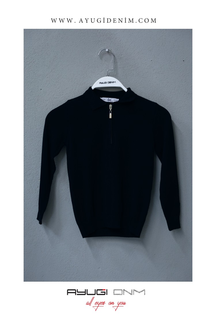 1004-128-158 ЧЕРНЫЙ ТРИКОТАЖНЫЙ СВИТЕР С ДЛИННЫМИ РУКАВАМИ