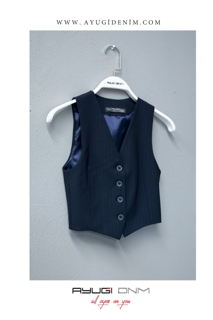 17219-134-164 ТЕМНО-СИНИЙ ЖИЛЕТ В ПОЛОСКУ С V-ОБРАЗНЫМ ВЫРЕЗОМ