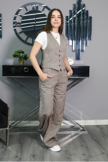 17279-140-170 КОРИЧНЕВЫЙ ПОЛОСАТЫЙ ЖИЛЕТ С V-ОБРАЗНЫМ ВЫРЕЗОМ