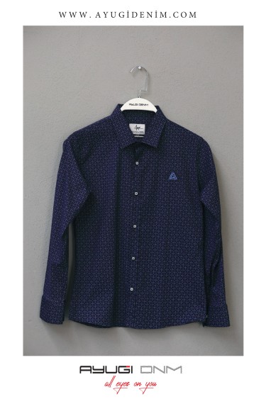 18101-122-146 РУБАШКА НА ПУГОВИЦАХ С УЗОРОМ, ТЕМНО-СИНЯЯ РАЗМЕРА