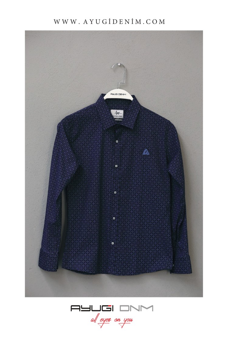 18101-122-146 РУБАШКА НА ПУГОВИЦАХ С УЗОРОМ, ТЕМНО-СИНЯЯ РАЗМЕРА