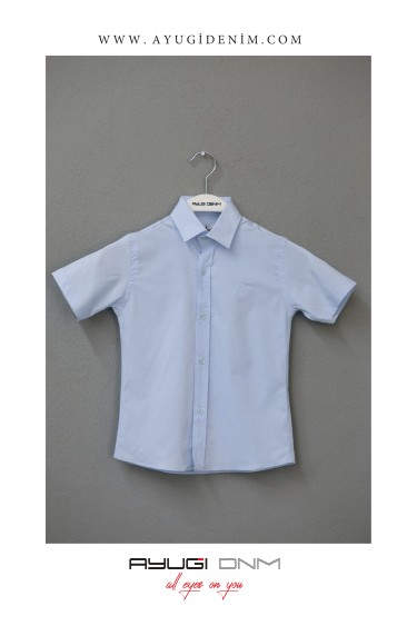 18112-146-170 СИНАЯ РУБАШКА С КОРОТКИМ РУКАВОМ НА ПУГОВИЦАХ