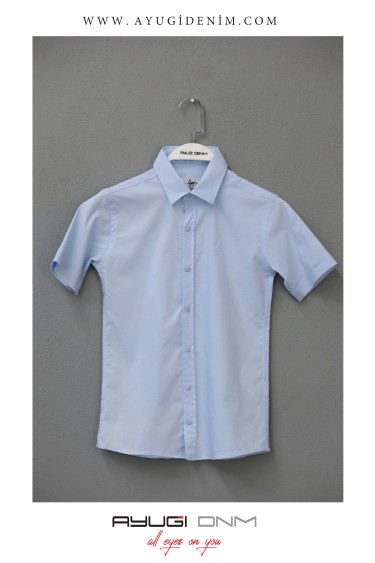 18131-116-140 СИНЯЯ РУБАШКА С ПОЯСОМ С КОРОТКИМ РУКАВОМ