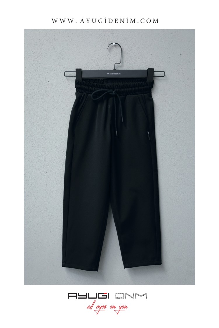 5452-152-176 ЧЕРНЫЕ БРЮКИ ИЗ ТАБАРДИНА С ЭЛАСТИКОЙ НА ПОЯСИИ