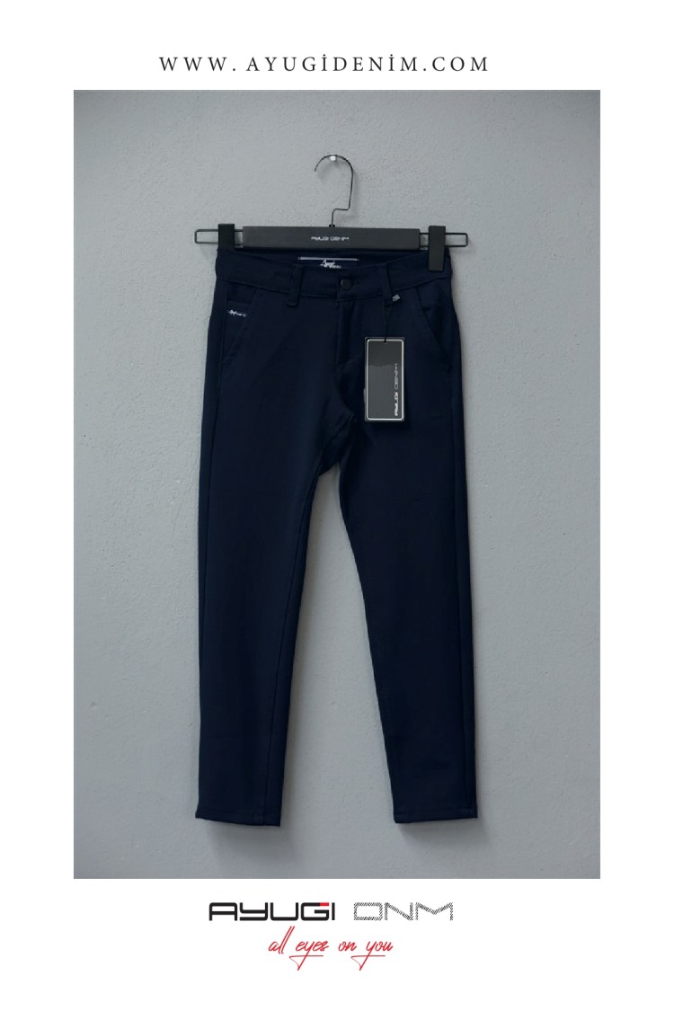 3362-128-158 БРЮКИ НОРМАЛЬНОГО СТИЛЯ ТЕМНО-СИНЕГО ТАБАРДИНА С РАДИУСОМ