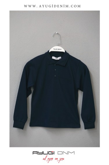 7189-146-170 ТЕМНО-СИНЯЯ ФУТБОЛКА ПОЛО С ДЛИННЫМИ РУКАВАМИ, БЕЗ ПОДКЛАДКИ