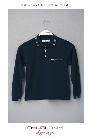 7191-146-170 ТЕМНО-СИНЯЯ ФУТБОЛКА С ДЛИННЫМ РУКАВОМ И ВОРОТНИКОМ ПОЛО НА ПУГОВИЦАХ