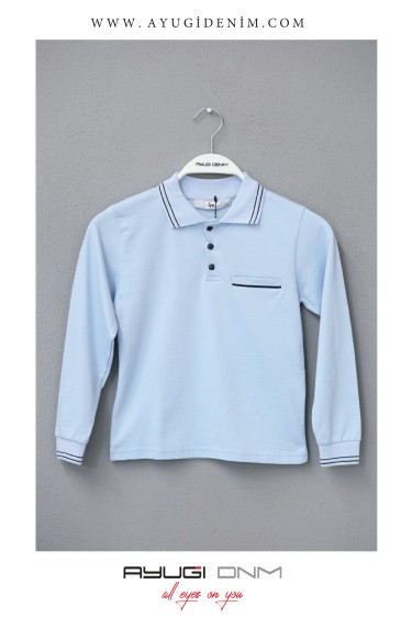 7191-146-170 СИНЯЯ ФУТБОЛКА С ДЛИННЫМИ РУКАВАМИ И ВОРОТНИКОМ ПОЛО НА ПУГОВИЦАХ