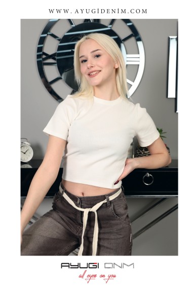 7339-134-164 БЕЖЕВЫЙ КРОП-ТОП С КОРОТКИМ РУКАВОМ