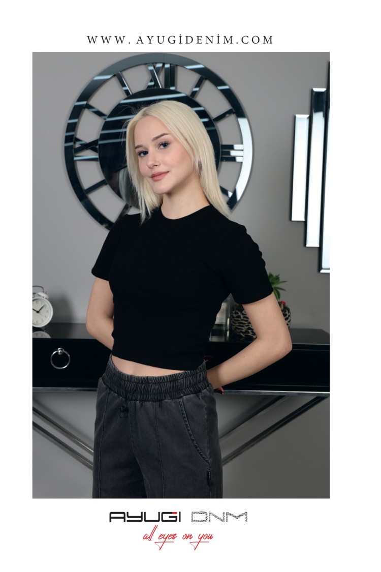 7339-134-164 КОРОТКИЙ РУКАВ КРОП ТОП ЧЕРНЫЙ