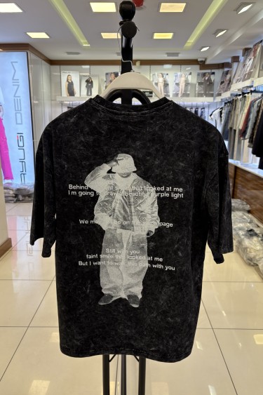 7369-140-164 SİYAH OVERSİZE YAZILI TİŞÖRT