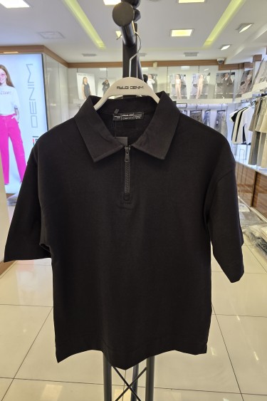 7377-140-170 SİYAH KISA KOL OVERSİZE POLO YAKA T-SHIRT