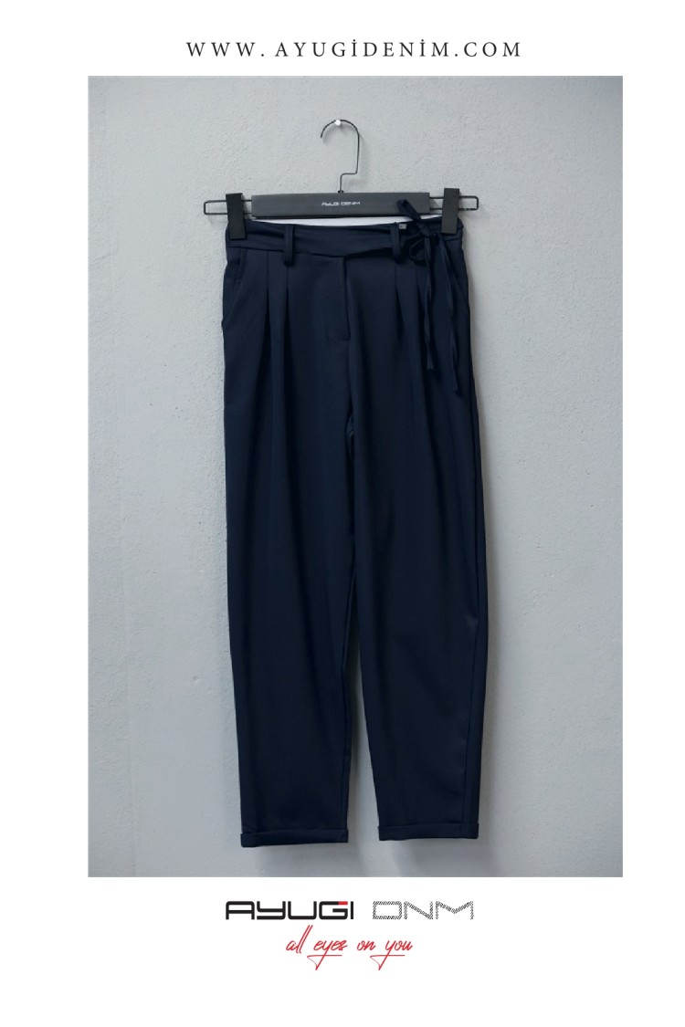 9384-134-164 ТЕМНО-СИНИЕ БРЮКИ ДЛЯ МАМ С ЗАВЯЗКОЙ НА ПОЯСИИ