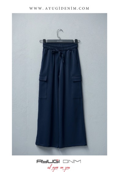 9407-140-170 БРЮКИ СВОБОДНОГО КРОЯ ИЗ ТКАНИ ТАБАРДИНА ТЕМНО-СИНИЕ