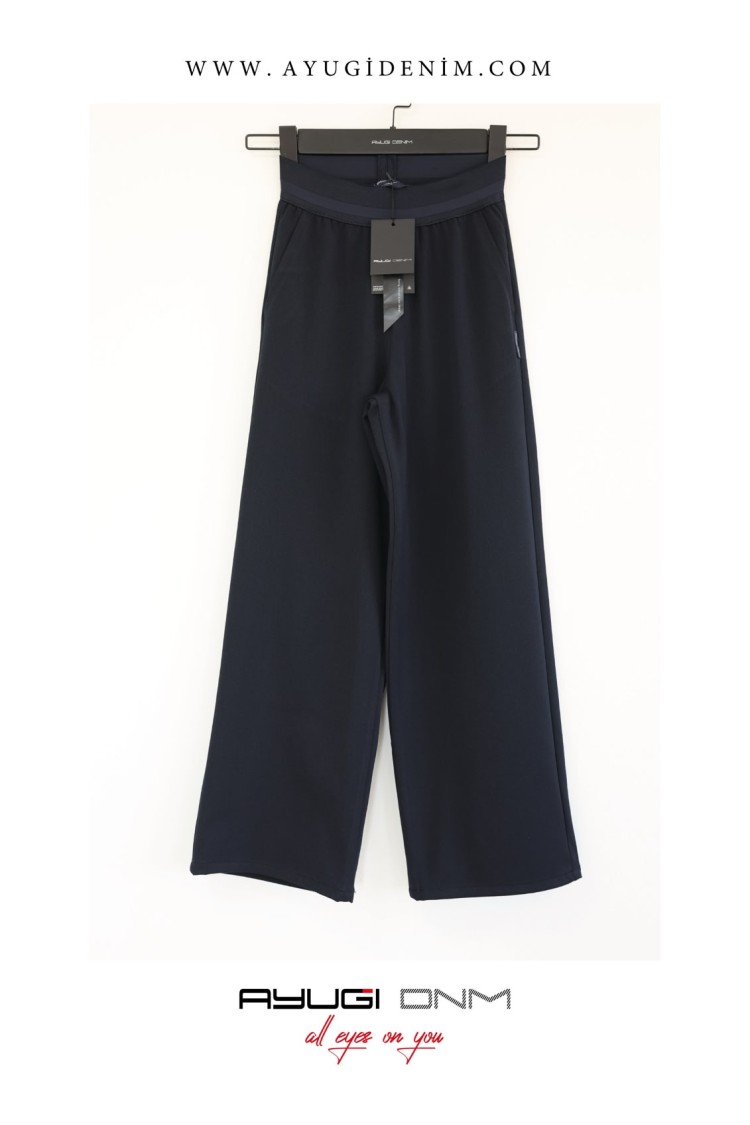9493-134-164 NAVY BLUE WIDE-LEG GABARDINE TROUSERS WITH ELASTIC WAISTBAND