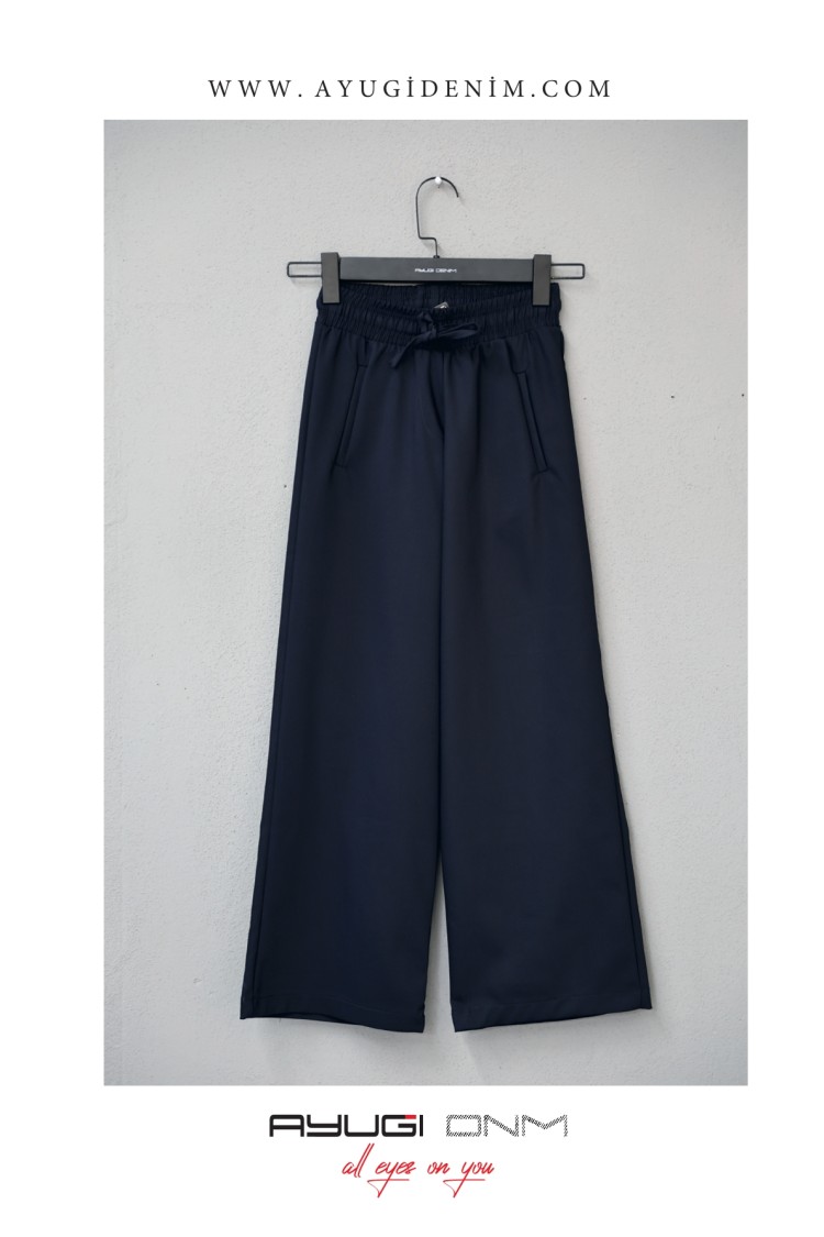 9535-134-164 ТЕМНО-СИНИЕ ДЕВИЧЬИ БРЮКИ ИЗ СПЕЦИАЛЬНОЙ ТКАНИ С ЭЛАСТИЧНЫМ ПОЯСОМ