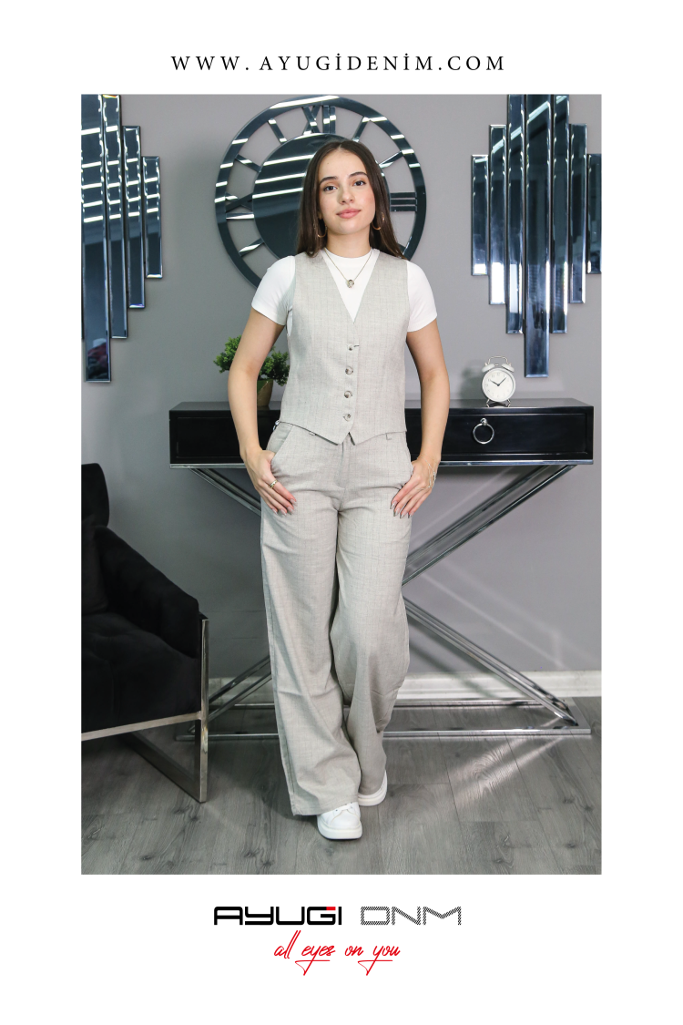 17279-140-170 СВЕТЛО-СЕРЫЙ ПОЛОСАТЫЙ ЖИЛЕТ С V-ОБРАЗНЫМ ВЫРЕЗОМ