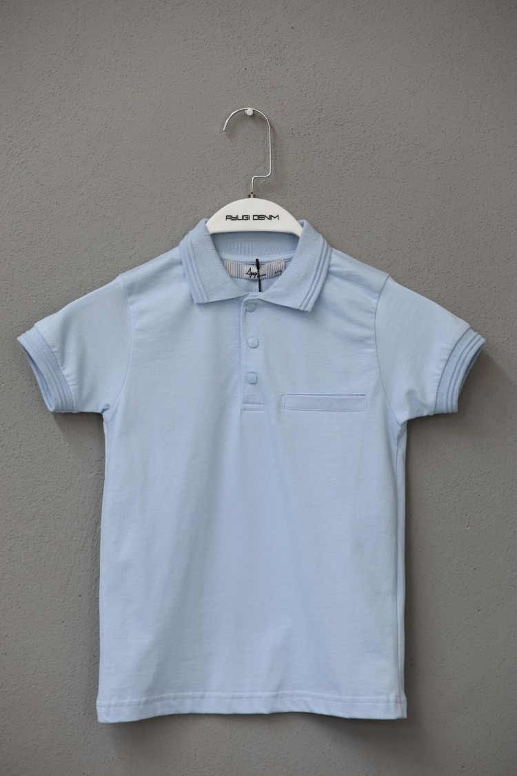 7155-116-140 MAVİ DÜĞMELİ KISA KOL ÇİZGİSİZ POLO YAKALI T-SHIRT